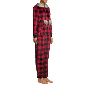 HOLIDAY TIME Red/Black Buffalo Plaid Faux Fur Trimmed Union Suit size M